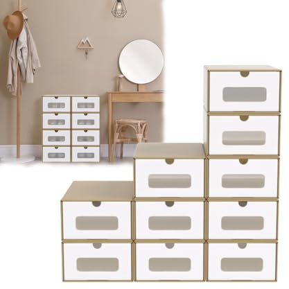 AufuN 10er Stapelbar Schuhboxen aus Kraftpapier mit Deckel & Transparent Sichtfenster, Praktische Schuhaufbewahrung Aufbewahrungsbox 35x24x14cm, Stauraum Organizer für Schuhe, Braun