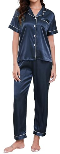 TeJoyce Pijama de Seda para Mujer de Verano, Ropa de Dormir de Raso de Dos Piezas, Conjunto de Satén de Manga Corta con Botones y Pantalón Largo, Ropa de Casa Elegante y Ligera S-XXL