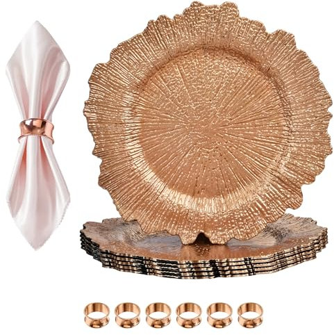 Event Decor Shop Rose Gold Glass Charger Plate Set with Vintage Design & Hammered Napkin Rings – Elegant 33cm Dinner Chargers for Weddings, Dining, Birthday, Parties & Special Events - 6 Pcs