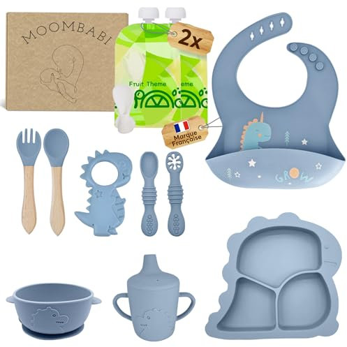 MOOMBABI Coffret repas bebe 1er age, Assiette bebe compartiments, bol ventouse, Cuillere Bebe, couverts bébé 1er age, 2 Pochettes Réutilisables pour aliments, jouet de dentition, lot de 11 sevrage
