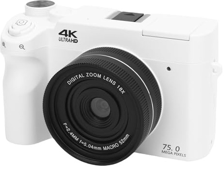 4K Digitalkamera, WiFi 75MP Vintage Vlogging -Kameras, 3 -Zoll -LCD -Bildschirm UHD -Autofokus -Videokamera mit 18 -facher Zoom für Reise -YouTube, Vielseitige Modi, LED (White)