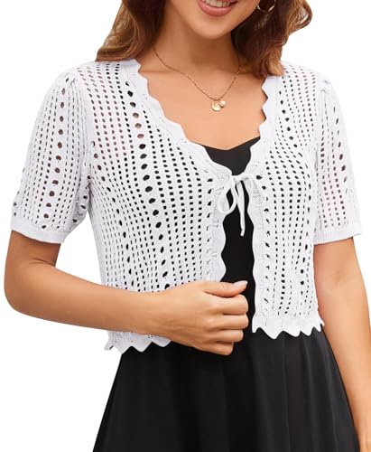 Kate Kasin Women's Short Sleeve V Neck Cardigans Solid Cropped Knitted Sweater Bolero Short Cardigan Bright White S