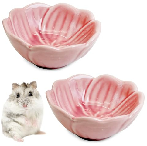 BNOSDM 2 Pcs Hamster Ceramic Food Bowl Flower Series Gerbil Drinking Bowls Anti-Turning Food & Water Dish for Dwarf Syrian Hamsters Gerbil Chinchilla（Pink, Narcissus Pattern）