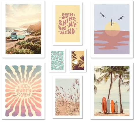 ARTFAVES® Poster Set - SUMMER TRIP - mehrteilige Wanddeko Wohnzimmer & Schlafzimmer - 8 moderne Wandbilder sommer, bunt, meer, pastell, strand, roadtrip, sonne, surfing - ohne Bilderrahmen