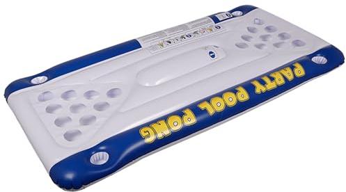 Aufblasbare Luftmatratze, Bierpong – 152 x 76 x 15 cm inkl. Becher & Bälle | Abkühlung im Sommer – Geschenk für Party – Trink-Spiel – Pool-Spaß garantiert – Getränkehalter im Wasser – PVC, blau, weiß