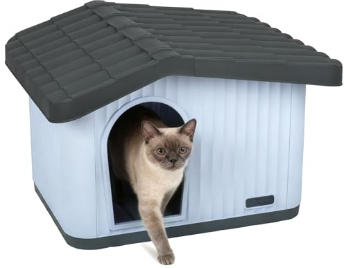 VOUNOT® Katzenhaus & Hundehütte Indoor Outdoor, Winterfest und Wetterfest, schräges Dach, mit Belüftung und rutschfesten Füßen, Haustierhaus für Katze, Hund und Kaninchen, 60 x 51 x 41 cm, Weiß