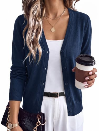 Arach&Cloz Women's Wool Business Casual Fall Cardigan Sweaters Navy L | Lightweight & Breathable, Long Sleeves V-Neck Button Down Sweaters, Fall Clothes for Work Office Daily Wear