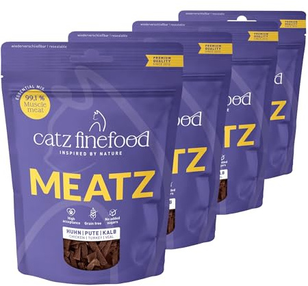 catz finefood Meatz kattgodis Essential Mix – krispiga ränder från de mest populära köttsorterna – kattmellanmål för allergiker utan socker, spannmålsfri (4 x 45 g)