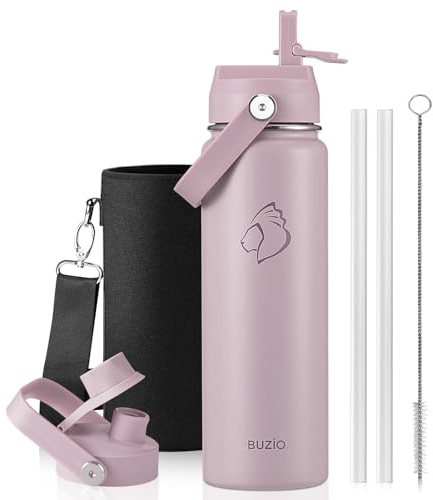 BUZIO Insulated Water Bottle 0.7L Stainless Steel with Straw & Spout Lid | Metal Water Bottle Keeps Cold 48 Hrs Hot 24 Hrs with Strap, Leakproof Drink Bottles, BPA-Free, for Gym, Travel, Sports