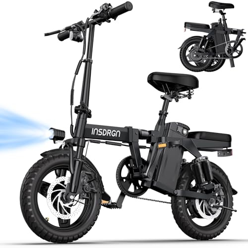 INSDRGN Electric Bike for Adults and Teens,14 Folding Adult E Bike with 650W Peak Motor,20MPH,28Miles Range,Advanced 9-Point Suspension & Dual Disc Brake,Removable Battery,UL 2849 Certified