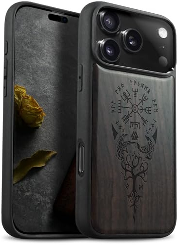 Carveit Étui en Bois pour iPhone 17 Pro, (Sombre-Viking Compas) | Bois Étui de Magnétique Téléphone Antichoc TPU, Protection Case Compatible Magsafe pour iPhone 17 Pro Coque