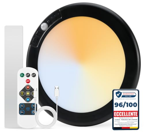 Combuh Uppladdningsbar Sladdlös Taklampa LED, Rörelsesensor USB Batteridriven Badrumslampa, 20cm Dimmbar Garderobslampa med Timer Fjärrkontroll, 3000K-6000K för Garage Hall Trappa Entré, Rund, Svart