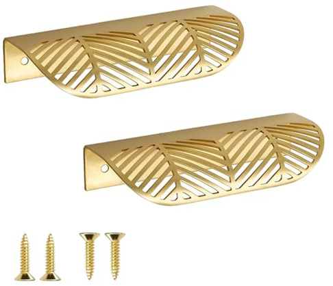 Zzcy 6 stycken bladformade möbelhandtag dolda skåphandtag guld lådhandtag blad zinklegering mode skåphandtag gyllene med skruvar för möbler köksdörr handtag dekoration 32 mm hålavstånd
