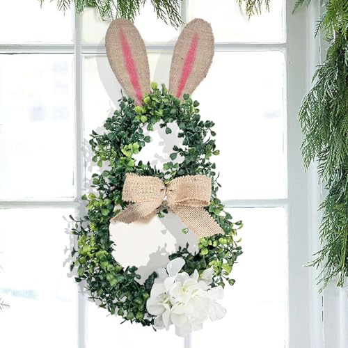 Osterdeko Hase Kranz, Ostern Deko Osterkranz Haustür mit Weiß Blumen und Schleifen Osterhase Türkranz Deko, Hängende Türkranz Ostern Outdoor Osterhase Deko Kranz für Haustür Wand (Hase)