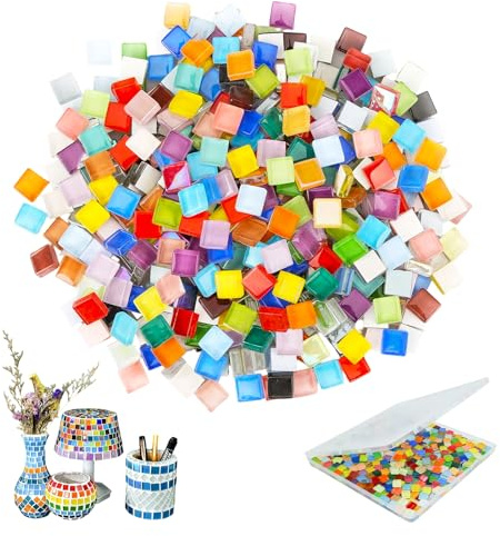 Piedras de mosaico para manualidades, 600 g, azulejos de mosaico de cristal con caja de almacenamiento, mini mosaicos, mosaicos, piedras cuadradas, para proyectos de arte, baño, cocina, decoración del