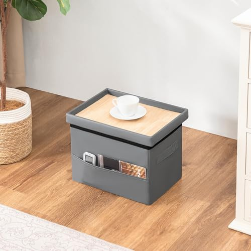 Asense Small Storage Ottoman,Foldable Foot Stool with Reversible Tray Lid and Side Pocket,Leather Ottoman Foot Rest Stool with Padded Seat,for Living Room Bedroom,11.6x16.3x11.4 Inches,Grey