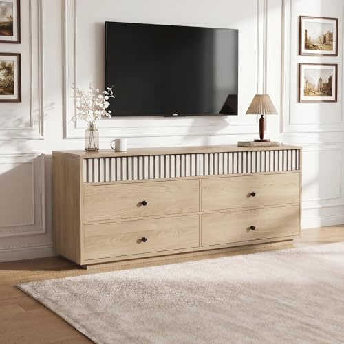 TFFCIC TV Lowboard, TV-Schrank 160 cm für Fernseher bis 85 Zoll, Sideboard mit geriffelter Front, 6 Schubladen und Stauraum für Wohnzimmer, Stehende Kommode aus Holz für Schlafzimmer (Eiche)