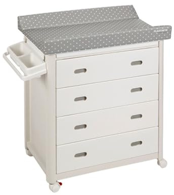 PLASTIMYR Mueble Bañera Cambiador 3 En 1 Topos Gris – Bañera Para Bebe Cómoda con 4 Cajones – Cambiador de Bebe con Ruedas, Cubeta Amplia y Canasta Portaobjetos