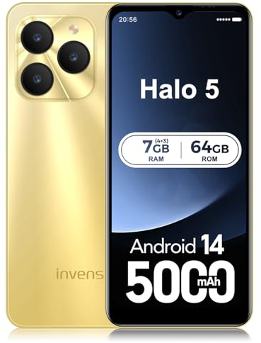 invens Halo 5 Handy Ohne Vertrag - 7GB(4+3)+64GB /256GB Smartphone Ohne Vertrag Android 14, 6,52 Zoll Bildschirm 5000mAh Handy Günstig, 16MP+8MP Kamera, 4G Dual SIM/Face ID/GPS/3.5mm Jack, Gold