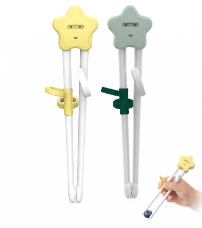 YIPFEN 2 Paia di Bacchette per Principianti con Guida per Dita, Design a Stella, Bacchette Antiscivolo per Migliorare la Coordinazione Manuale, Verde e Giallo
