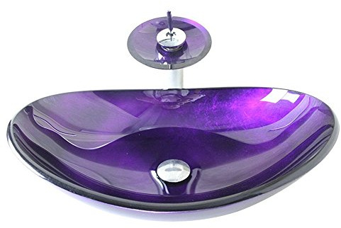 Homelava Modern Waschbecken Set Glas Oval Lila mit Wasserhahn, Ablaufgarnitur, Montagering