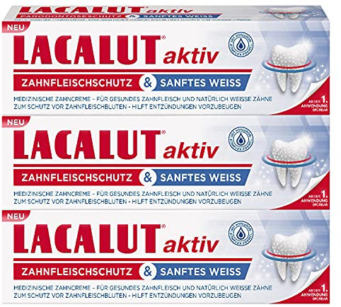 LACALUT AKTIV ZAHNFLEISCHSCHUTZ & SANFTES WEIß ZAHNCREME, 75ml Zahnpasta, sofort spürbare Straffung und Festigung des Zahnfleischs, Zahncreme für natürlich weiße Zähne, 3 x 75ml