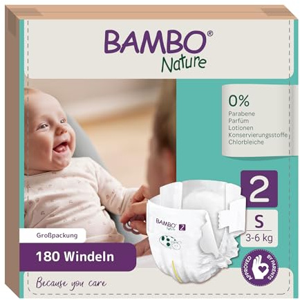 Bambo Nature Couches écologiques de qualité supérieure, couches écologiques durables, protection améliorée contre les fuites, couches sûres et confortables pour bébé, taille 2 (3-6 kg), mini, 30