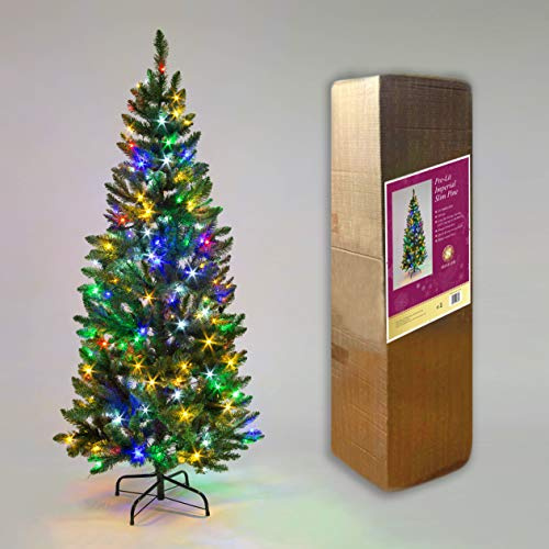 7Ft/2.1m Pre-Lit Green Christmas Tree Slim Tree Pine Narrow Xmas Tree, Pointed Tips, Metal Stand, Multicolour LED Lights, Holiday Home Decorations