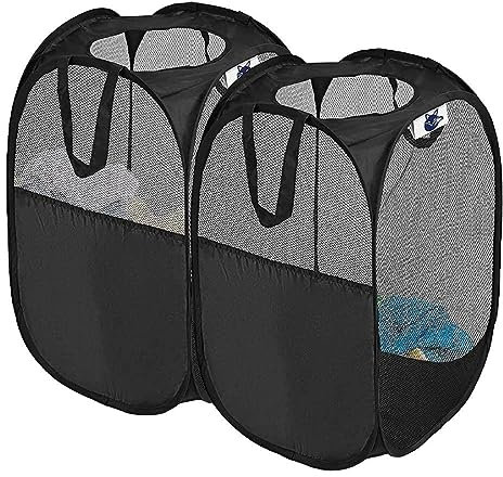 SYVOFOX 2 Stück Faltbarer Wäschekorb 36 * 36 * 56 Cm, Wäschekorb Klappbar Wäschetonne mit Henkel, Wäschebox aus Mesh Aufbewahrungskorb für Kinderzimmer College Dorm Camping Und Reisen (Schwarz)