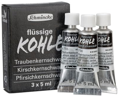 Schmincke - Flüssige Kohle, Liquid Charcoal, 3 x 5 ml, Traubenkernschwarz, Kirschkernschwarz, Pfirsichkernschwarz, 18 758 097, für Kohlemalerei, Kohlezeichnung und Untermalung, vegan