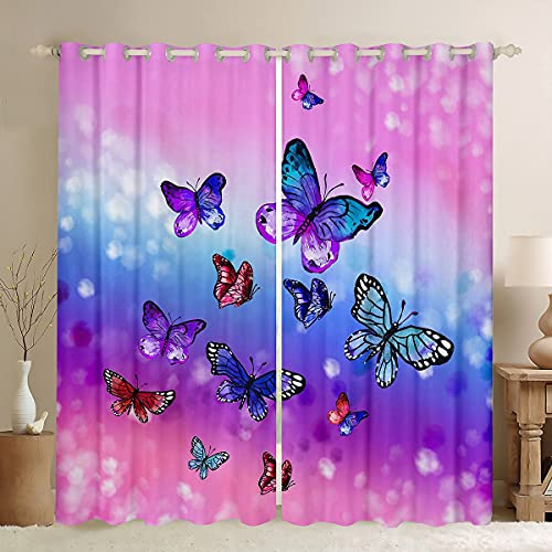Loussiesd Tende a Farfalla per Ragazze, Motivo: Farfalle Colorate, Tende Glitterate Viola e Blu per Camera da Letto e Salotto, Trattamenti per Finestre a Tema Animali, 132 x 160 cm (larghezza x