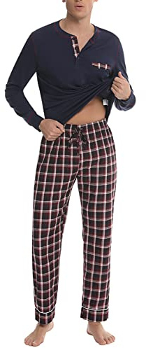 Litherday Pyjama Homme Hiver Coton Ensemble de Pyjama à Carreaux Vêtements de Nuit à Manches Longues Pyjama pour Hommes Loungewear 2 Pièces,D01 Bleu Marine,M