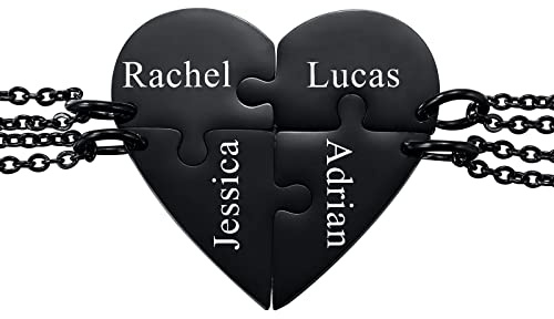 INBLUE Personalisierte Halskette für Männer/Frauen, Paar-/Freundschaftskette für 2/3/4/5 Teile, Schwarz/Silber Herz-Puzzle-Teile-Halsketten-Sets, Name/Text-Gravur Edelstahl-Halskette