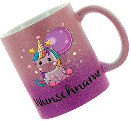 Crealuxe Farbverlauf-Glitzertasse (pink-purple) Wunschname -Motiv Einhorn - Glitzertasse mit Farbverlauf - Kaffeetasse