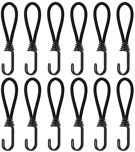 Bungee Cords with Hooks, 12pcs Metal Shock Cord Hook Tent Elastic Rope Stretch Straps for Tarpaulins, Pavilions, PVC Banners, Camping Covers, Black