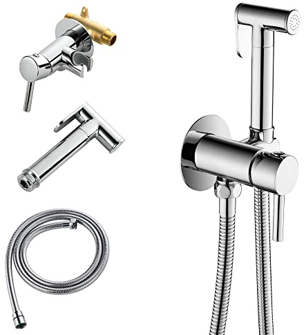 SHAMANDA Warm Water Bidet Sprayer for Toilet with Hot and Cold Brass Rough-in Valve, Stainless Steel Round Handheld Bidet Attachment Set for Feminine, Pets and Baby Diaper Wash, Polished Chrome BDS09