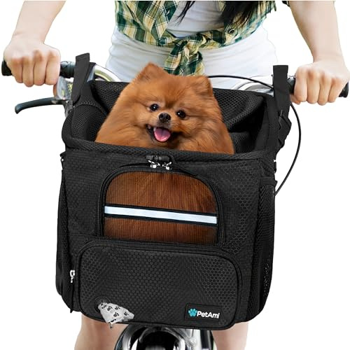 PetAmi Hundcykelkorg, mjuk ventilerad hundcykelväska, cykelkorg för cykelstyre, liten medelstor valp katt kattunge bil boostersäte med säkerhetsrem, max 8,2 kg, svart