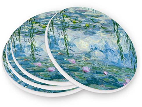 Water Lilies Claude Monet Oil Paintings Flowers Coasters Round Drinks Stone Coaster Set for Kinds of Mugs and Cups Set of 4