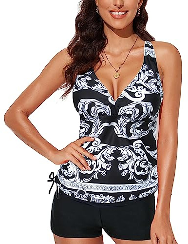 SEDEX Maillot de Bain Femme 2 Pieces Tankini Ensemble Col en V Top Taille Haute Shorty Débardeur Push up Rembourré Sport Piscine Plage Natation Beachwear(XL)