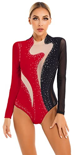 Mufeng Damen Turnanzug Langarm Gymnastikanzug mit Strass Glitzer Tanzbody Akrobatik Anzug Ballettbody Training Wettkampf Tanzkleidung