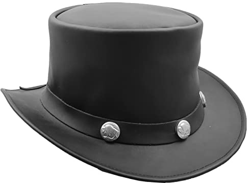 Real Cow Leather Top Hat Black Buffalo Coins Band Steampunk Magician Hats HL0011 (as8, Alpha, m)