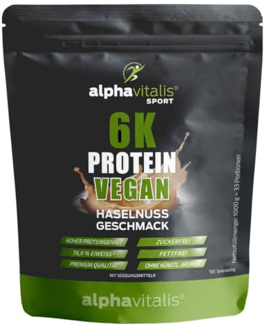 VEGANES PROTEINPULVER Haselnuss - 1000g pflanzlicher, cremiger Eiweiß Shake | 6K Mehrkomponenten Protein Shake cremig - pflanzliches Eiweiß zuckerfrei fettfrei - hoher Proteingehalt - Eiweißpulver vegan