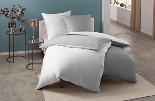 Bettwaesche-mit-Stil Mako Satin Damast Wendebettwäsche Streifen Vancouver weiß/grau (Garnitur 140x200 + 70x90cm)