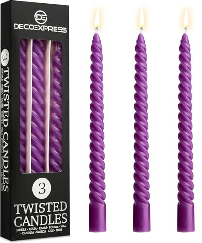 DECO EXPRESS Candles, Pack of 3 Dinner Candles, Non Drip Twisted & Non Scented, Long 6 Hours Burning Time, Cosy Home Decor, Birthday, Valentine’s Day & Mother’s Day Gift Idea (Purple, Pack of 3)