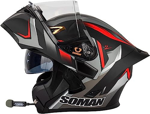 Bluetooth Modular Motorcycle Helmet ,DOT/ECE Approved Full Face Flip Up Front Helmet Double Visor Helmets, Built-in Dual Speaker with Microphone, for Adults Men and Women (A M=57~58CM)