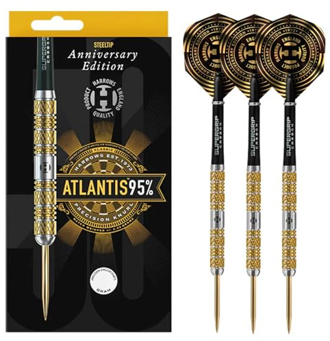Harrows Set di Freccette Atlantis con Punta in Acciaio al tungsteno al 95%. Disponibile in 22g, 24g e 26g - Include aste in Carbonio Midi Supergrip e Alette del Nuovo Anniversario da 100 Micron (26g)