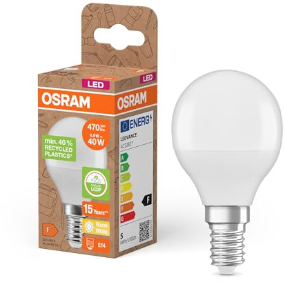 Osram LED STAR CLASSIC P 40 FR LED-Lampe, E14, klassische Miniballform, weiß, 4,9W, 470lm, 2700K, warmweißes Licht, sehr geringer Energieverbrauch, mit recyceltem Kunststoff, 6 - Pack