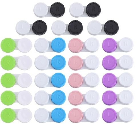 COACOM 25 Stück Kontaktlinsenbehälter, Kontaktlinsen-Aufbewahrungsbox, Kontaktlinsen-Einweichbox, Kontaktlinsen-Pflegebox, tragbarer Reise-Kontaktlinsenbehälter (blau, schwarz, rosa, grün, lila)