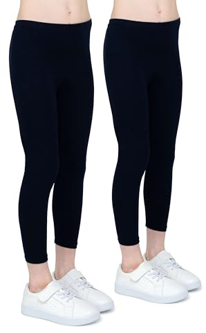 looksy 2-pack leggings för flickor, ankellånga Activewear byxor för barn, ventilerande bomullstyg, fashionabla barnbyxor, enfärgad, skola, dans, gymnastik, storlekar 3–13 år, Marinblå, 104