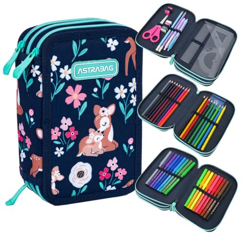 ASTRABAG 3-Fach Mäppchen Federmappe Gefüllt dreifaches Federmäppchen, Schüleretui 3-stöckig Jungen, Federtasche XXL, Federmäppchen mit Zubehör, Baby Deer